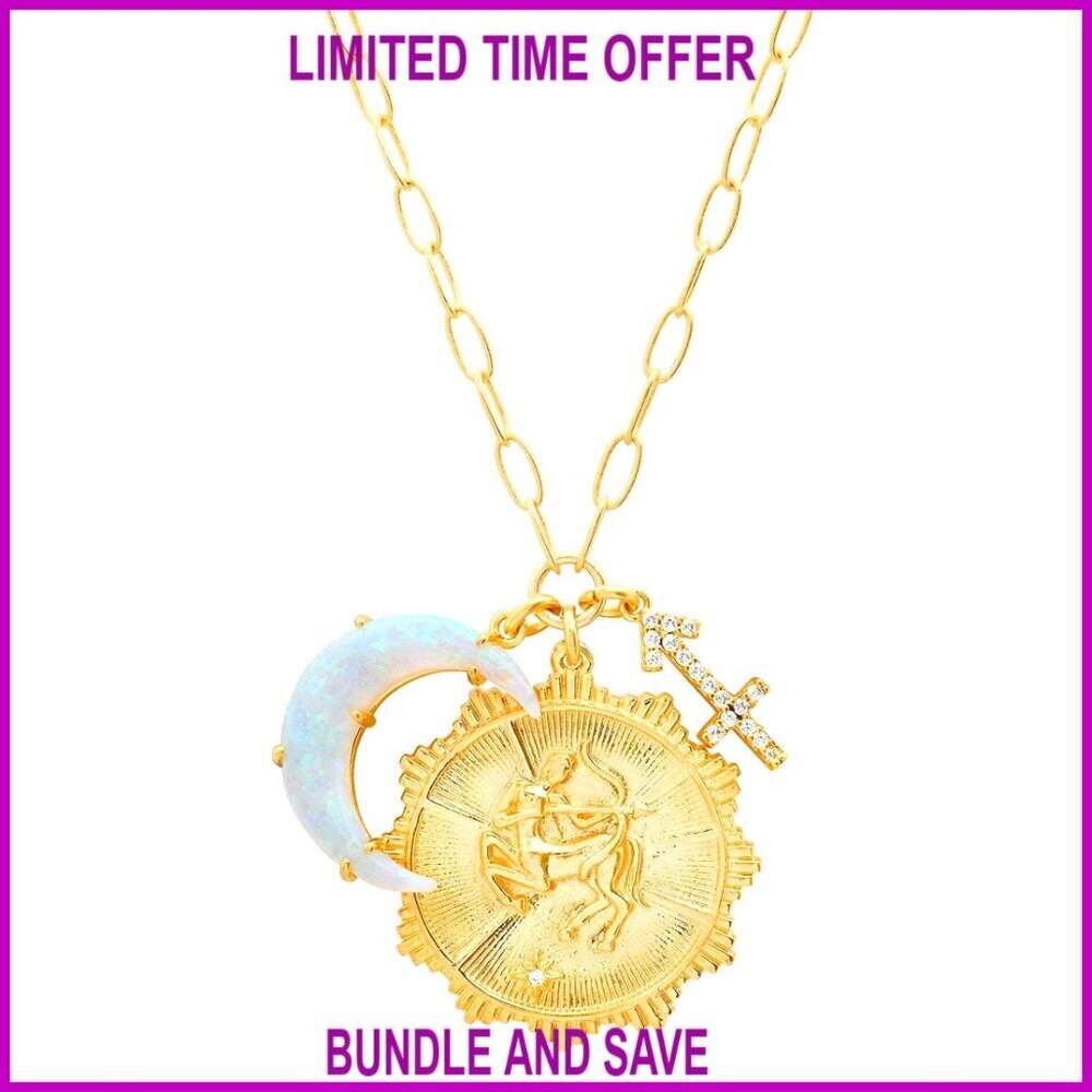 Gold Zodiac Opal Moon Charm Necklace 18K Plated Adjustable Chain Women
